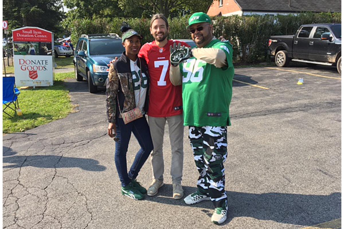 Rohan with Jets fans outside Ralph Wilson Stadium.